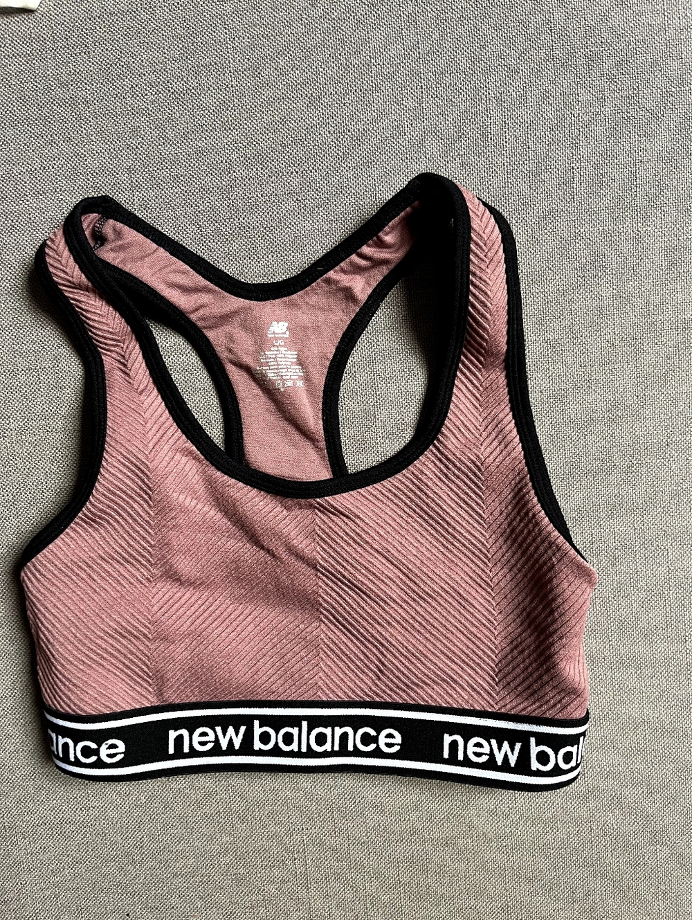 New Balance Rose Pink Racerback Sports Bra with Black Trim, Size L